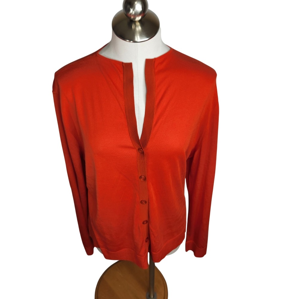 St. John Silk Blend Cardigan Womens XL Orange Designer Long Sleeve Button Front